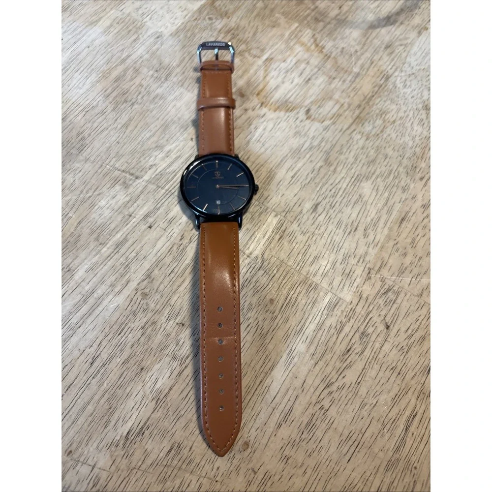 LAVAREDO Ultra Thin Quartz Wristwatch Blue Dial Brown Leather Band Date Mens